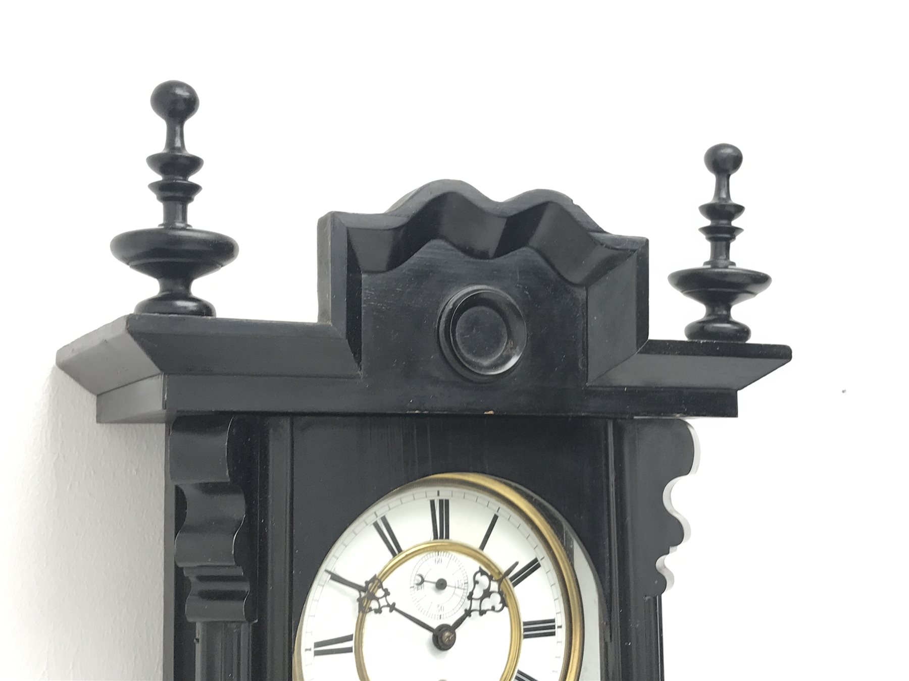 Early 20th century Vienna type regulator wall clock in ebonised case, circular Roman enamel dial wit - Image 2 of 5