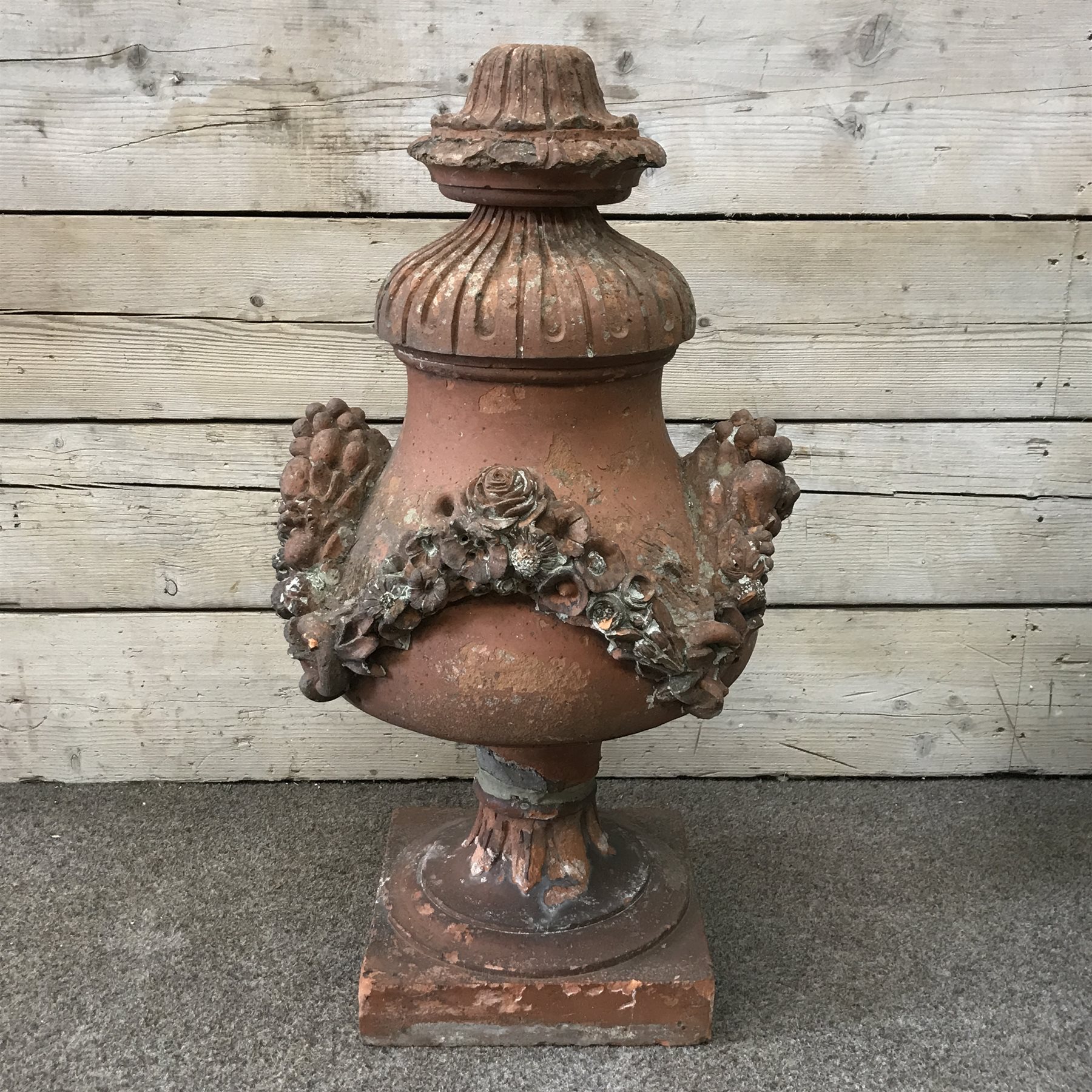 19th century ornate terracotta urn with cover, decorated with flowers and berries, D43cm, H83cm