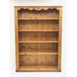 Large pine open bookcase fitted with four fixed shelves, W137cm, H189cm, D31cm