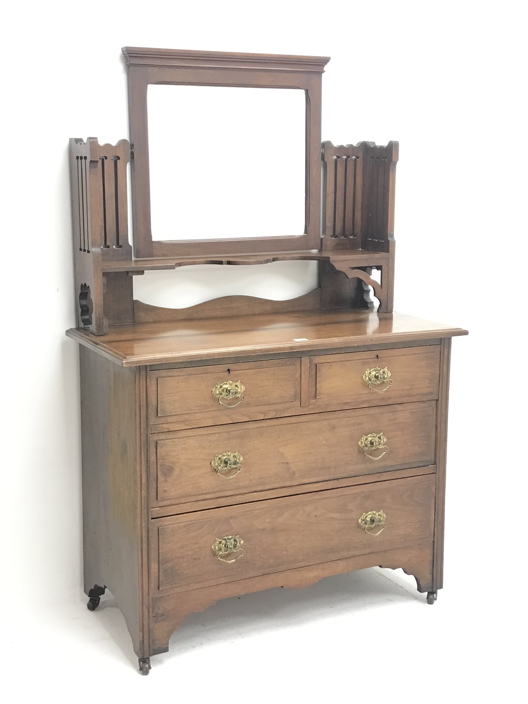 Edwardian walnut dressing chest fitted with two short and two long drawers and swing mirror, W107cm,