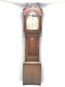 Early 19th century oak and mahogany longcase clock, the hood with swan neck pediment, trunk door fl