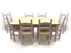 Rectangular painted pine farmhouse table (90cm x 180cm, 78cm), and eight painted dining chairs with