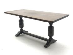 20th century oak refectory table, on two cup and cover baluster supports connected by stretcher, 16