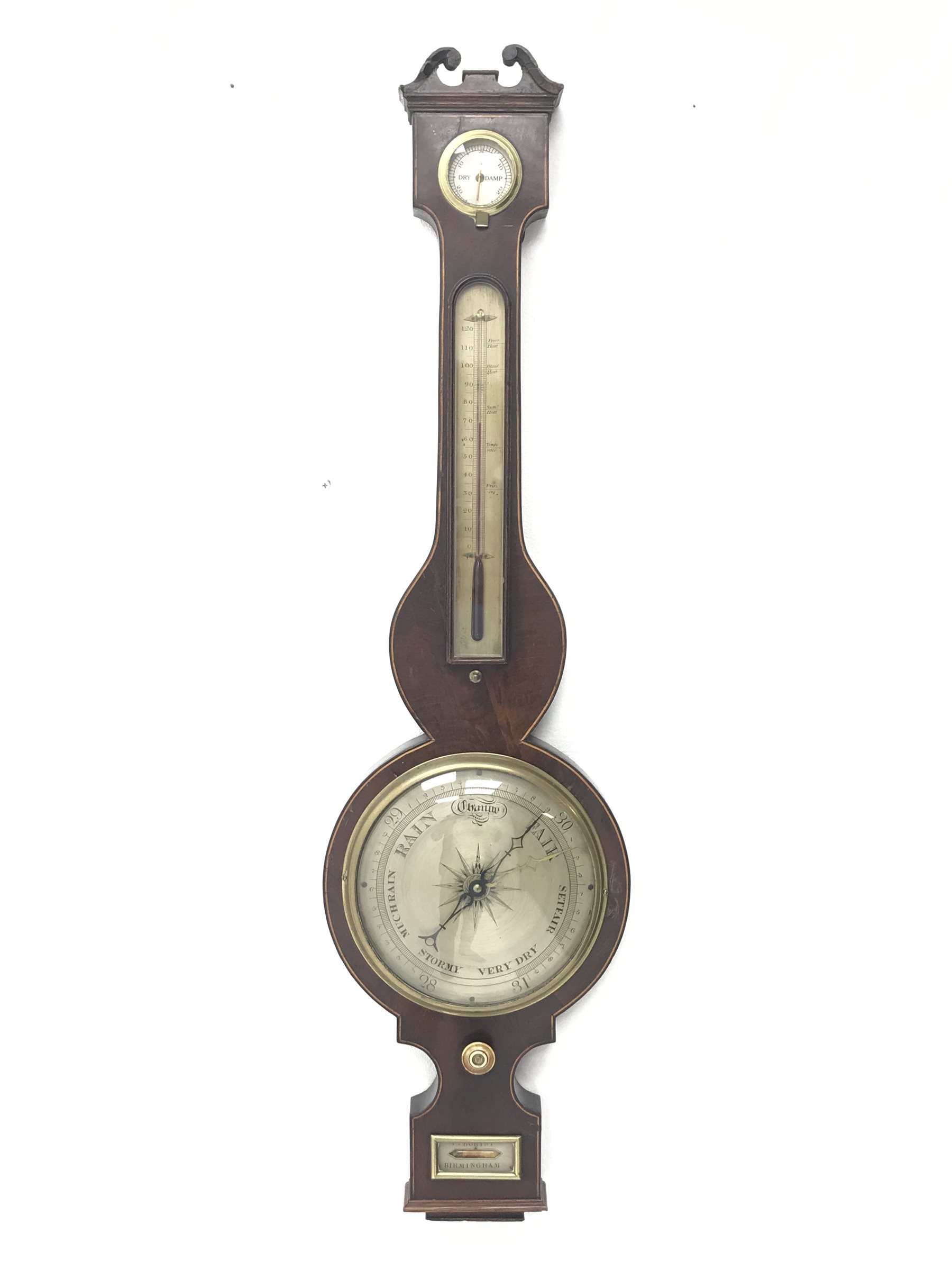 George III figured mahogany banjo barometer by 'P. Borini, Birmingham', swan neck pediment above dam - Image 4 of 7