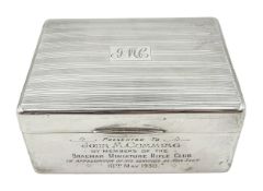 Silver mounted presentation cigarette box, engine turned decoration, inscribed by William Neale & So