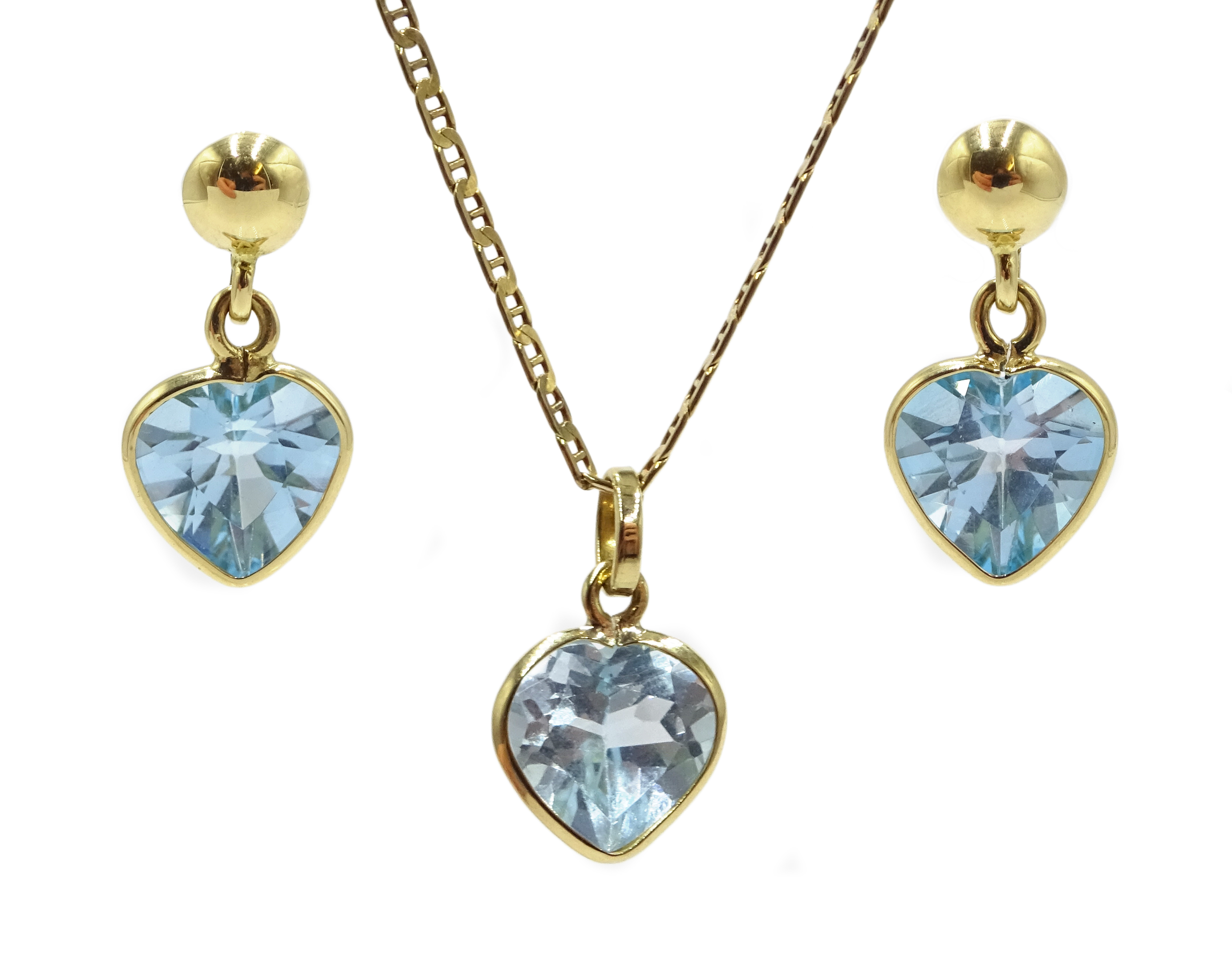 18ct gold blue topaz heart shaped pendant on 9ct gold chain and matching 18ct gold blue topaz earrin