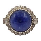 Large 14ct gold cabochon sapphire and diamond ring, stamped 585