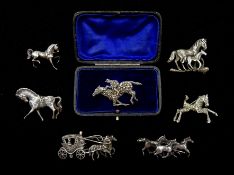 Silver and marcasite racehorse brooch, silver trotting horse makers mark HG, London 1995, four other