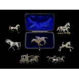 Silver and marcasite racehorse brooch, silver trotting horse makers mark HG, London 1995, four other