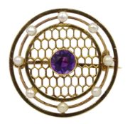 Edwardian gold amethyst and pearl circular brooch, stamped 15ct