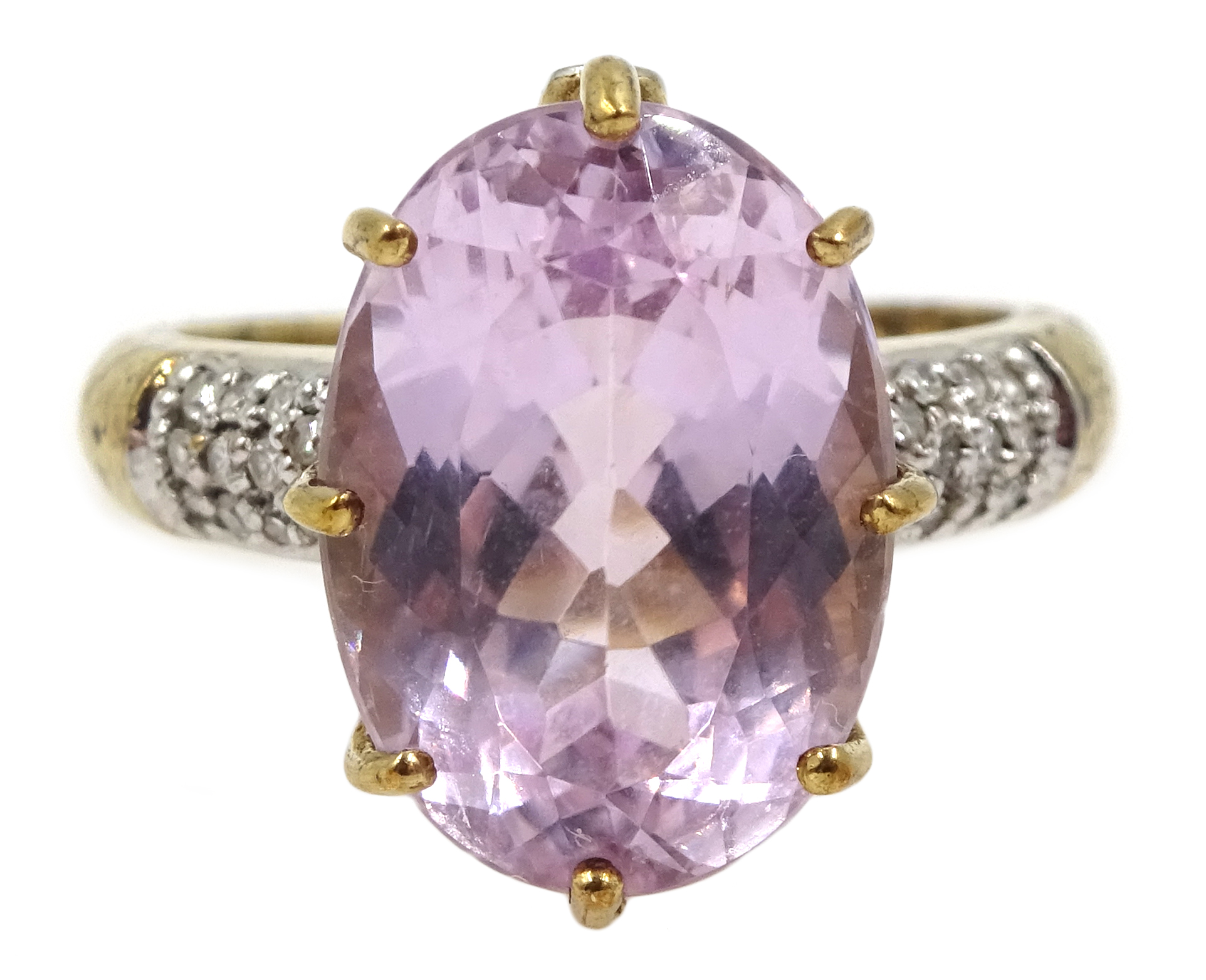 9ct gold oval kunzite ring with diamond set shoulders and gallery, hallmarked