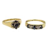 Gold sapphire and diamond cluster ring and gold five stone sapphire and diamond ring, both hallmarke