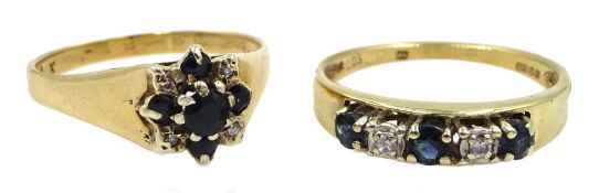 Gold sapphire and diamond cluster ring and gold five stone sapphire and diamond ring, both hallmarke