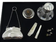 Silver mounted glass scent bottle by M Bros, Birmingham 1896, silver purse, silver pin cushion by Le
