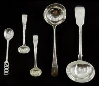 George III silver sauce ladle, London makers mark T*T, Victorian silver ladle, fiddle and thread pat