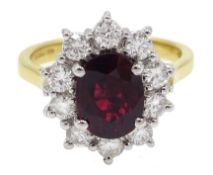 18ct gold ruby and diamond cluster ring, hallmarked, ruby approx 2.00 carat, diamond total weight ap