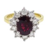 18ct gold ruby and diamond cluster ring, hallmarked, ruby approx 2.00 carat, diamond total weight ap