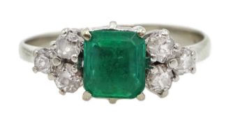 18ct white gold emerald and six stone diamond ring, London import marks 1978