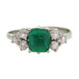 18ct white gold emerald and six stone diamond ring, London import marks 1978