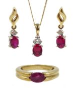 Gold ruby and diamond pendant necklace, pair of matching earrings and a similar ruby ring, all hallm