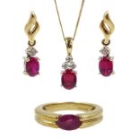 Gold ruby and diamond pendant necklace, pair of matching earrings and a similar ruby ring, all hallm