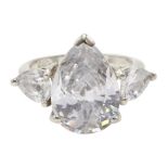 Silver pear shaped cubic zirconia three stone ring, stamped 925