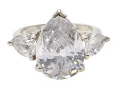 Silver pear shaped cubic zirconia three stone ring, stamped 925