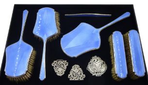 Silver and blue enamel dressing table set by Albert Carter, Birmingham 1930, Victorian silver buckl