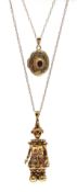 Gold stone set rag doll pendant necklace and gold garnet locket pendant necklace, all 9ct hallmarked