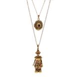 Gold stone set rag doll pendant necklace and gold garnet locket pendant necklace, all 9ct hallmarked