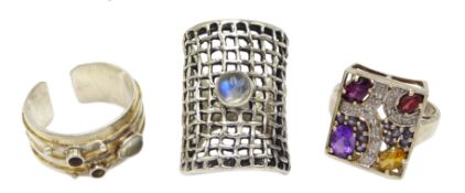 Paula Bolton silver Jupiter ring hallmarked, silver citrine, amethyst and garnet ring and a moonston