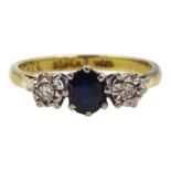 Gold oval sapphire and round brilliant cut diamond ring, stamped 18ct