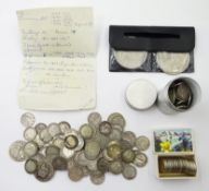 Coins including Queen Victoria shilling 1889, various pre 1947 and pre 1920 threepence pieces, Georg
