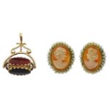 Pair of 18ct gold cameo and pearl stud with clip earrings, stamped 750 and a 9ct gold hardstone swiv