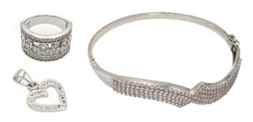 Silver cubic zirconia set bangle, ring and pendant, all stamped 925
