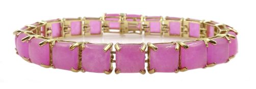 9ct gold square cut pink jade link bracelet, hallmarked