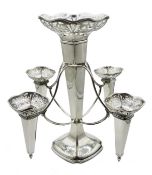 Early 20th century silver four branch trumpet epergne, removable posy holders and pierced fretwork b
