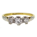 Three stone old cut diamond ring, stamped 18ct Plat, central diamond approx 0.20 carat