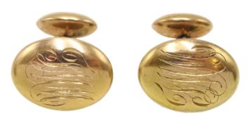 Pair of gold cufflinks with engraved initials, stamped 14K, approx 5.4gm