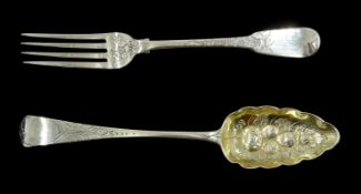 George III silver berry spoon by Solomon Hougham, London 1801 and a George III silver fork, fiddle p