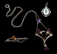 Charles Horner silver and purple glass thistle pendant necklace, Chester 1909, silver and enamel r