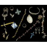 Silver locket, silver stone set jewellery including turquoise ring, pendant, amber bracelet, marcasi