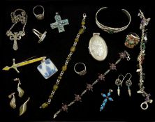 Silver locket, silver stone set jewellery including turquoise ring, pendant, amber bracelet, marcasi