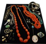 Victorian and later jewellery including heavy agate bead necklace, two silver bangles silver chain,
