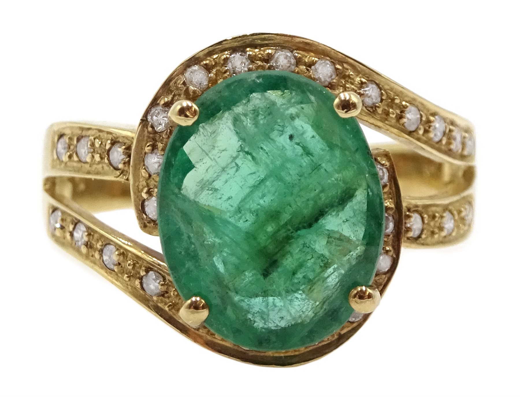 Gold oval emerald ring with diamond swirl surround and shank, stamped 14K - Image 2 of 8