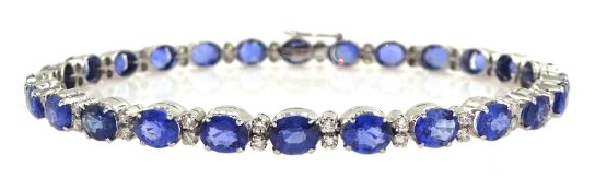 18ct white gold oval sapphire and round brilliant cut diamond bracelet, stamped 750, sapphire total