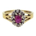 9ct gold cabochon ruby and diamond cluster ring, hallmarked