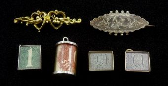 Two gold money box charms, gold brooch all 9ct, silver brooch and two silver charms, all stamped or