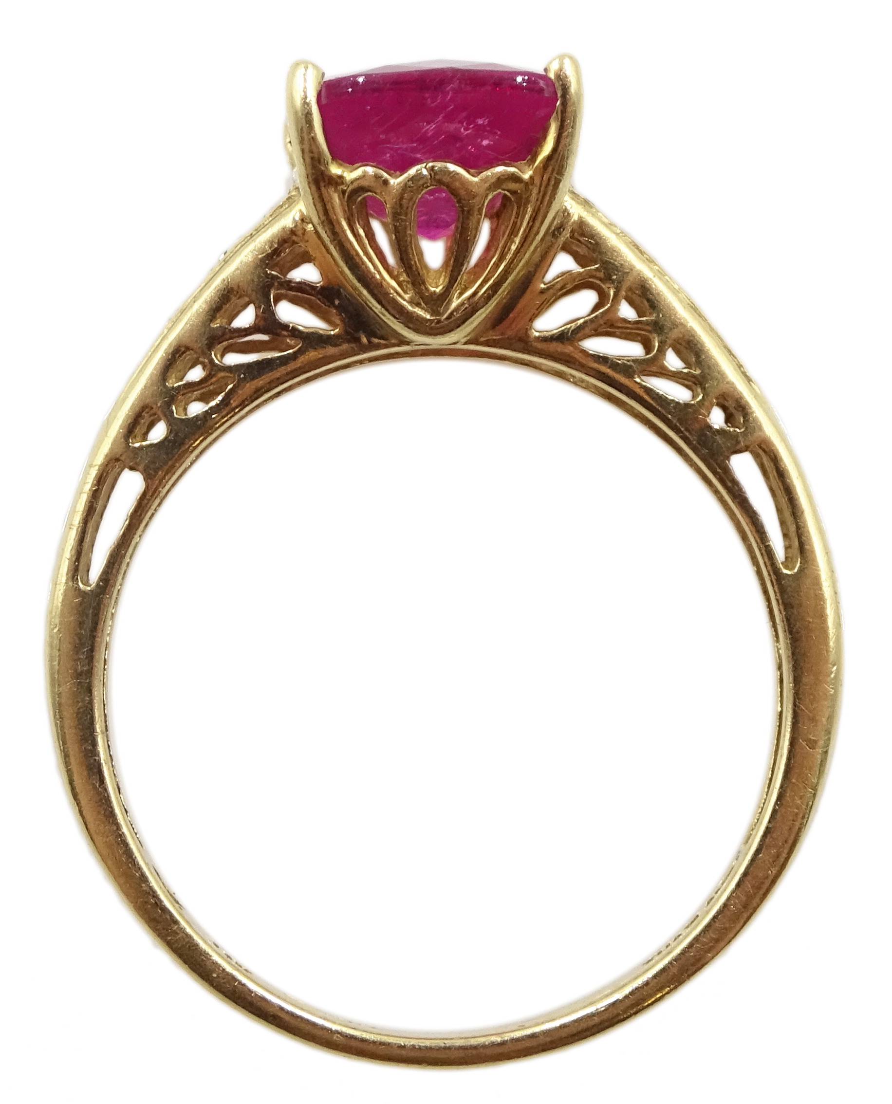 14ct gold briolette cut rubellite ring, with diamond set shoulders, hallmarked - Image 3 of 3