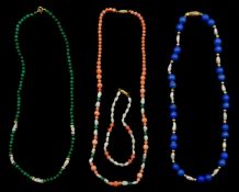 Lapis lazuli, gold bead and pearl necklace, malachite and pearl necklace and coral, pearl and malach